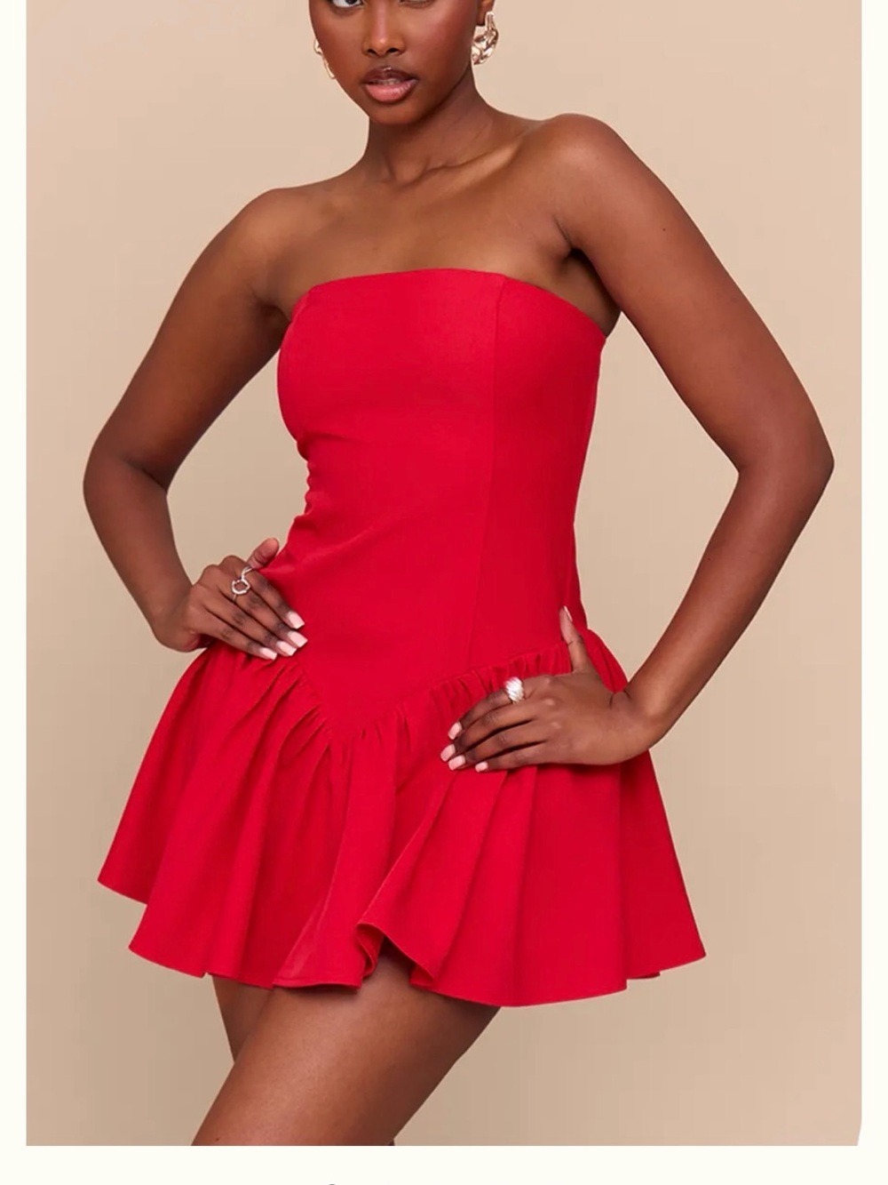 PrettyLittleThing Strapless Red Ruffle Romper